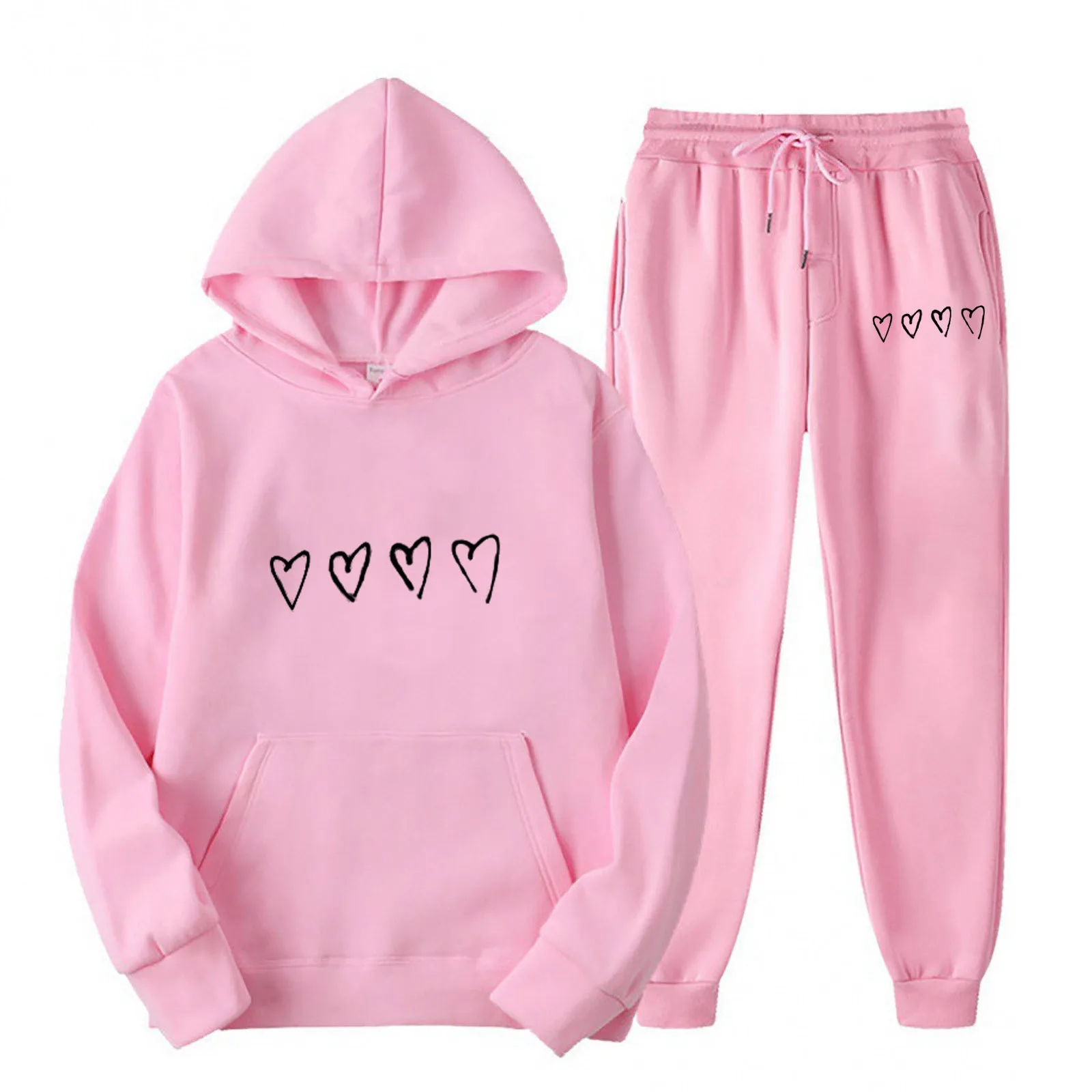 

Winter Women's Hooded Sweatshirt Set Loose Solid Color Love Heart Velvet Casual Tracksuit Womens Rain Suits with Pants