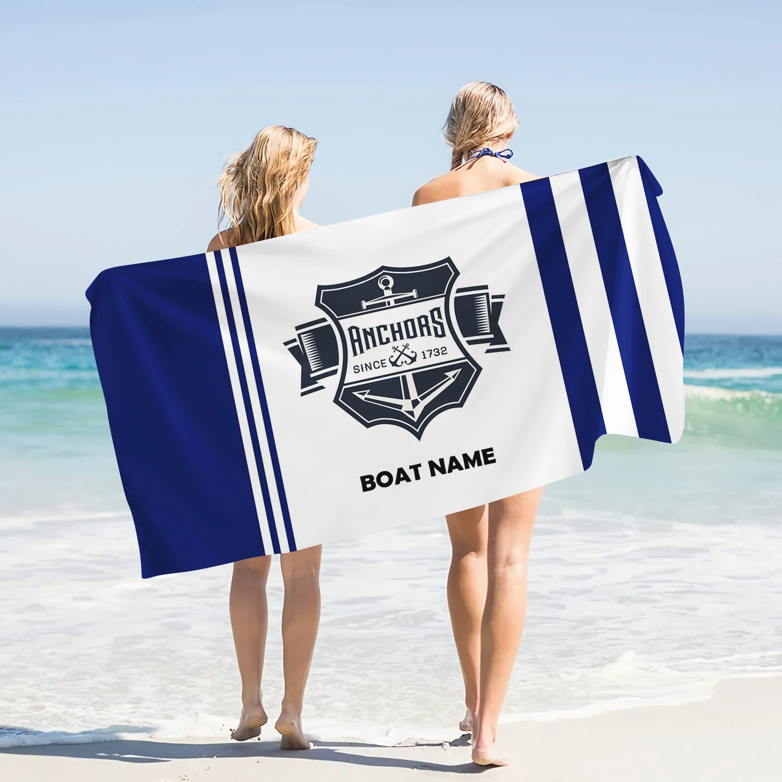 

Customizable Name Text Beach Towel Coat of Arms Navy Blue Anchor Theme Blue and White Stripes Bath Towel for Yoga Gym Swimming