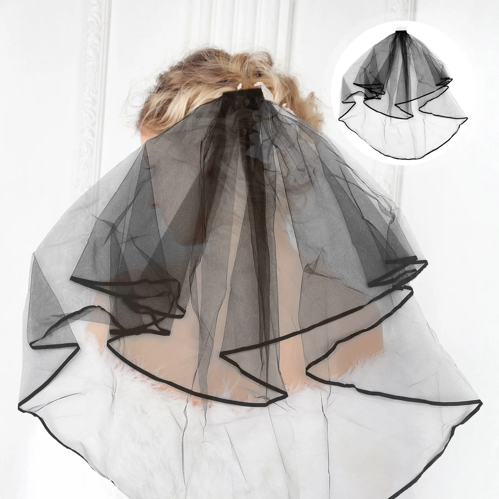 

Black Wedding Veil Ribbon Elegant Short Woman Veils with Comb Costume Accessory