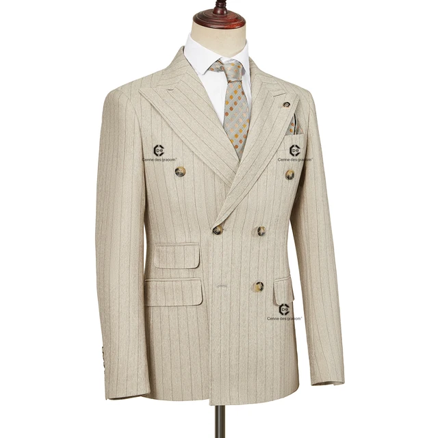 Cenne Des Graoom 2024 Double-Breasted Khaki Stripe Suits for Men Tailor-Made 2 Piece Set Jacket Pants Business Meeting Wedding - Image 3
