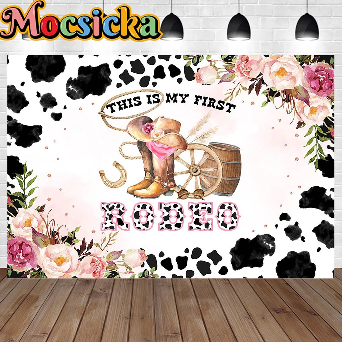 Cowboy Girl 1St Birthday Party Background Prop Rodeo Wine Barrel Flower Decor Black White Spot Bacdrop Neonato Shower Photo