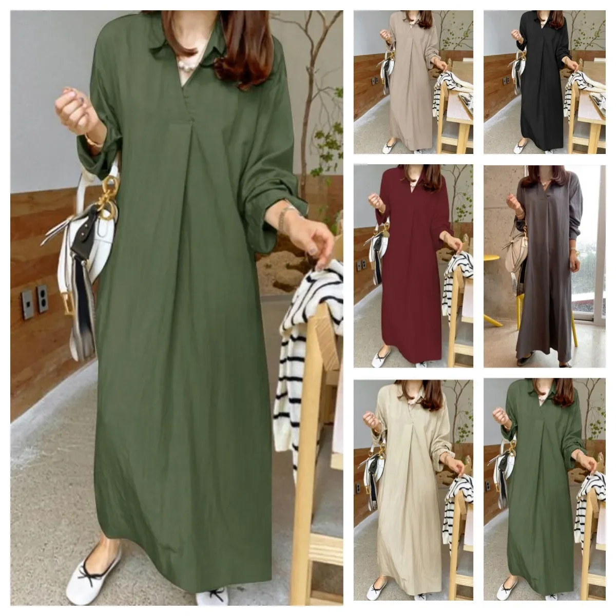 

2023 new solid color lapel cotton hemp long sleeve simple temperament commuting relaxed casual long dress