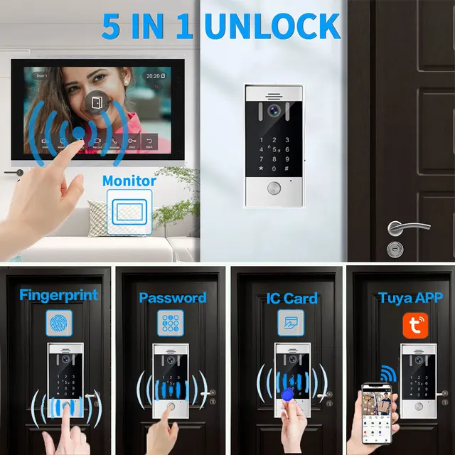 New 5in1 Fingerprint Unlock Tuya Smart 10inch Wifi Video Intercom System Video Door Phone Camera with Motion Detector 1080P 4