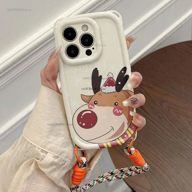 

New Year Portable Christmas Elk phone cute cartoon Case For iPhone 15 pro max cases Bracelet Cover iPhone Shockproof Phone case