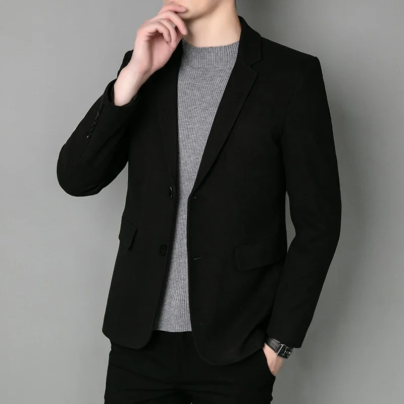 Blazer Fashion Business Handsome Gentleman Korean Version of British Style Casual Slim Solid Color Wedding Work Woolen Blazer 4