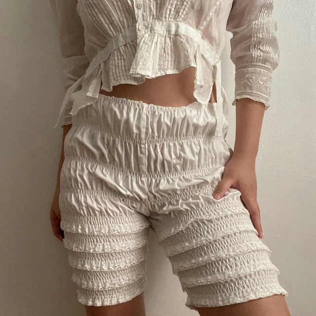 Vintage branco Ruffle Lace Bloomers, calças de segurança de cintura alta pettipants retrô, calças Fairy Cottage, Y2K, shorts Coquette