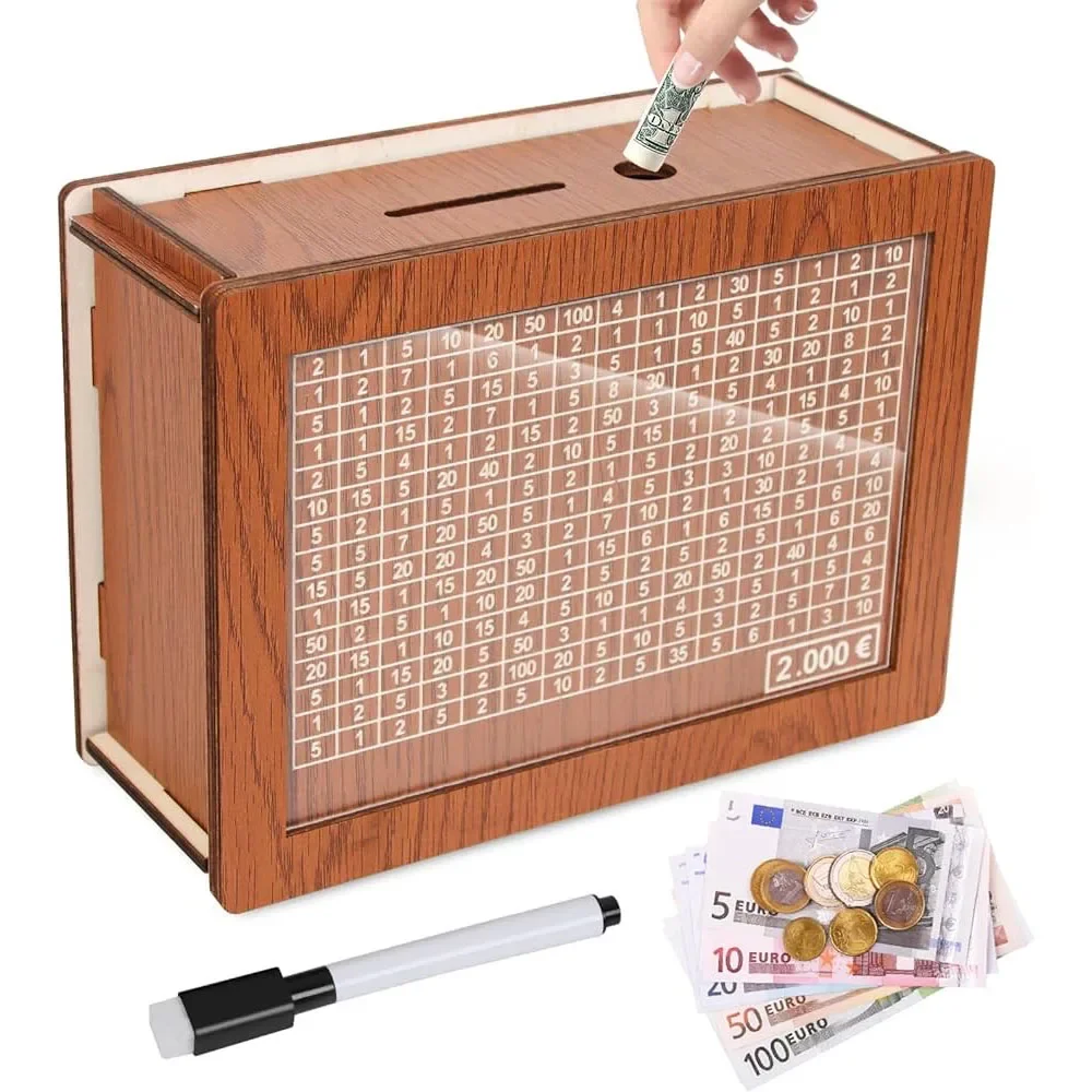 카운터 포함 닦을 수 있는 나무 돼지 저금통, 돈 절약 상자, 저축 목표 및 유로..