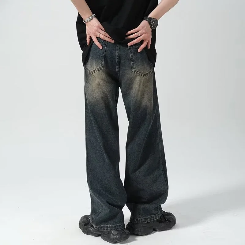 American Retro distressed jeans men\'s high street straight loose washed wide-leg denim trousers male streetwear