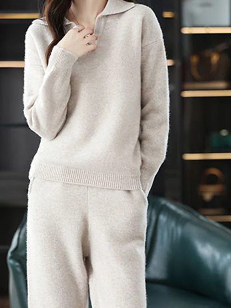 Elegant Malhas Pullover Sweater Two Piece Sets V-neck Pull Sueters Tops Conjuntos Fall Winter Baggy Soft Knitwear Pants Ensemble