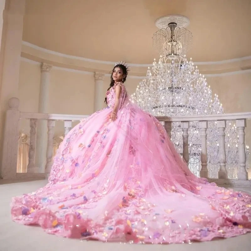 Pink Princess Quinceanera Dresses Ball Gown Off The Shoulder Tulle Appliques Floral Sweet 16 Dresses 15 A&ntilde;os Mexican Customized