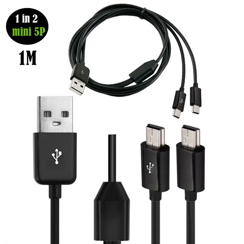 

The USB Male Head Is Divided Into Two Mini USB Charging Cables, And The Mini USB One In Two T-Port Data Charging Cable