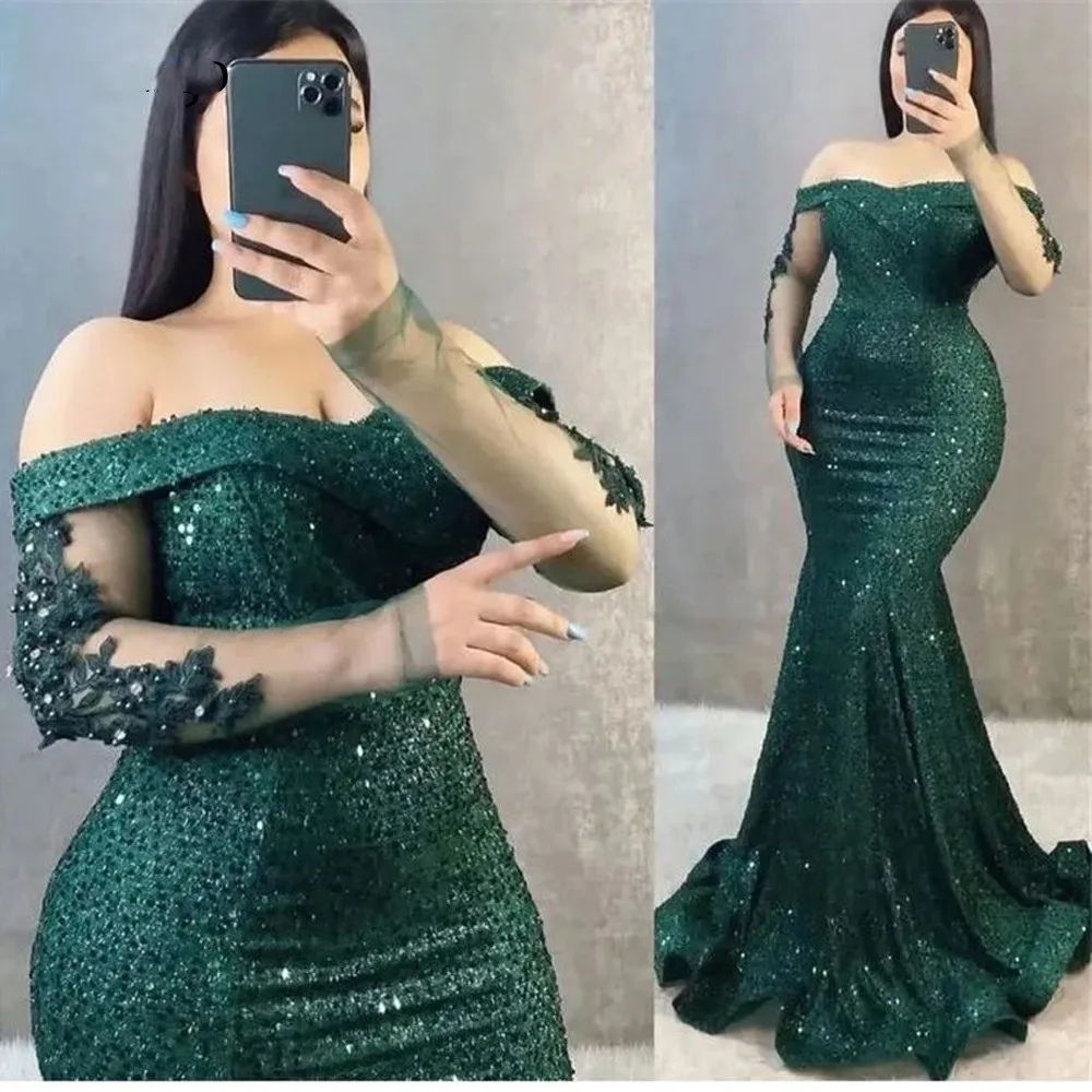 

Sparkly Sequin Green Mermaid Evening Dresses Off Shoulder Long Sleeves Applique Arabic Women Formal Plus Size Prom Gowns Custom