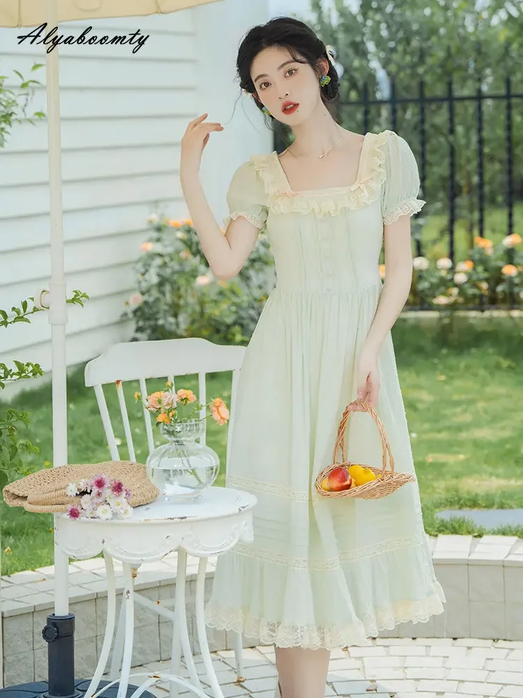 Summer Women French Fairy Princess Midi Dress Square Collar With Lace Bow  Light Green Dress Elegant Cotton Ruffles Party Dress