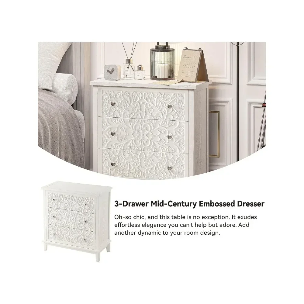 3-Drawer Fully-Assembled Flower Motif Dresser, Nightstand for French Country, Farmhouse，Modern, Rustic Style 4