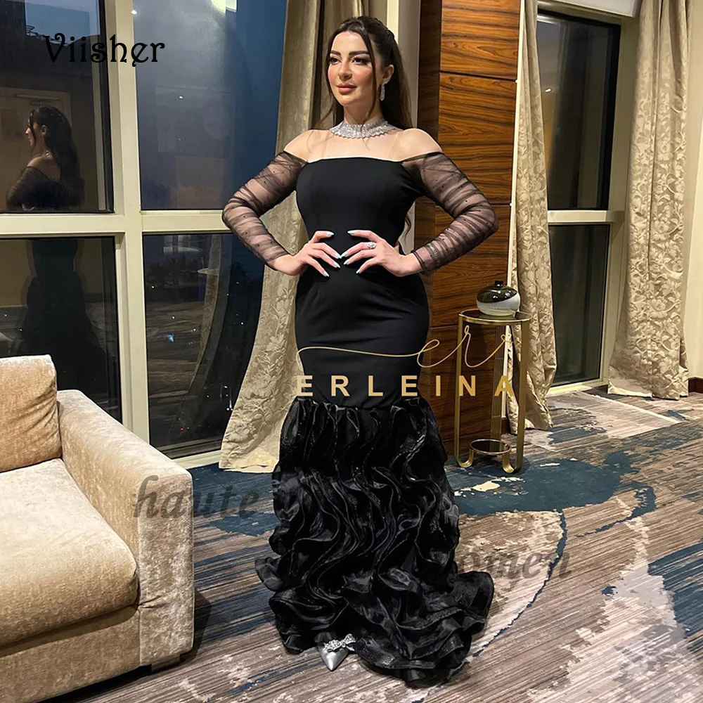 

Black Mermaid Evening Dresses for Women Off Shoulder 3/4 Sleeve Arabic Dubai Prom Party Dress Floor Length Formal Evening Gowns