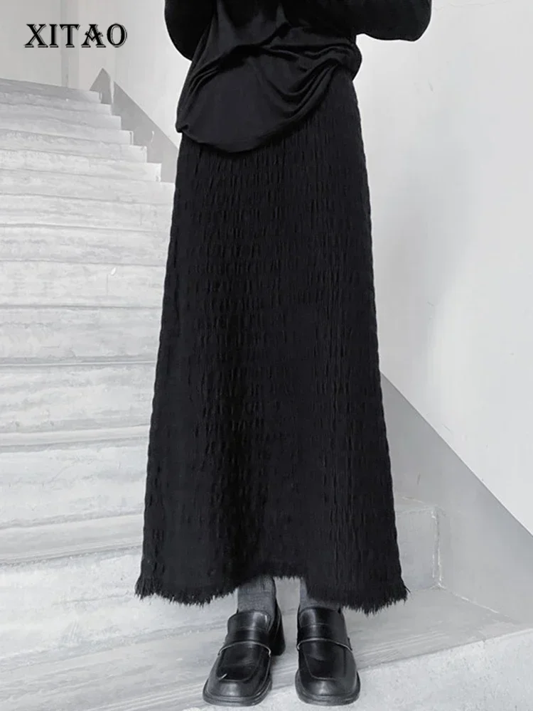 

XITAO Casual Tassel Folds Knitting Skirt Loose Slimming Trend All-match Women Autumn New Simplicity Elastic Waist Skirt HQQ1798