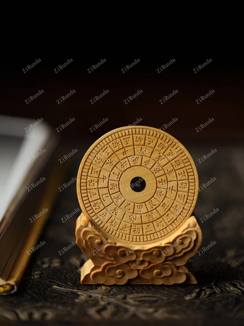 ~L Boxwood carved solid wood carved wooden compass sun clock timer imitation Forbidden City sundial ornaments incense plug.