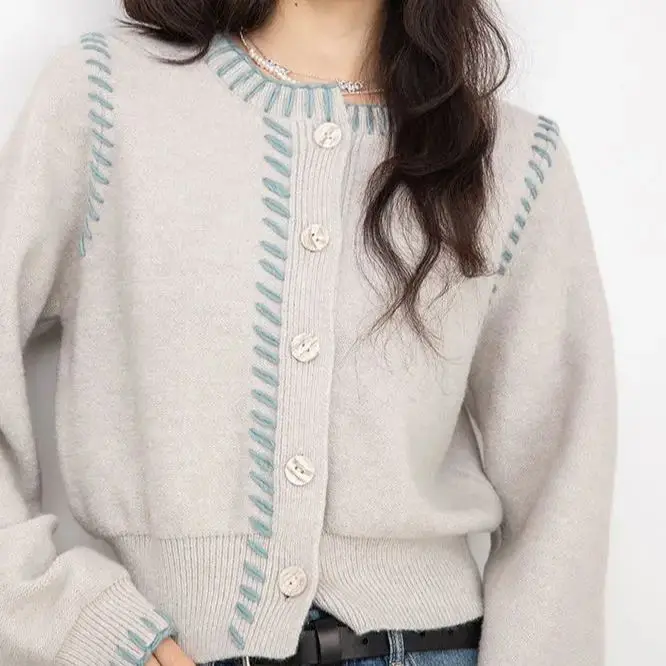 

Sweet Knitted Cardigan Women Embroidery Long Sleeve Cropped Sweater Loose Outwear Autumn Fashion