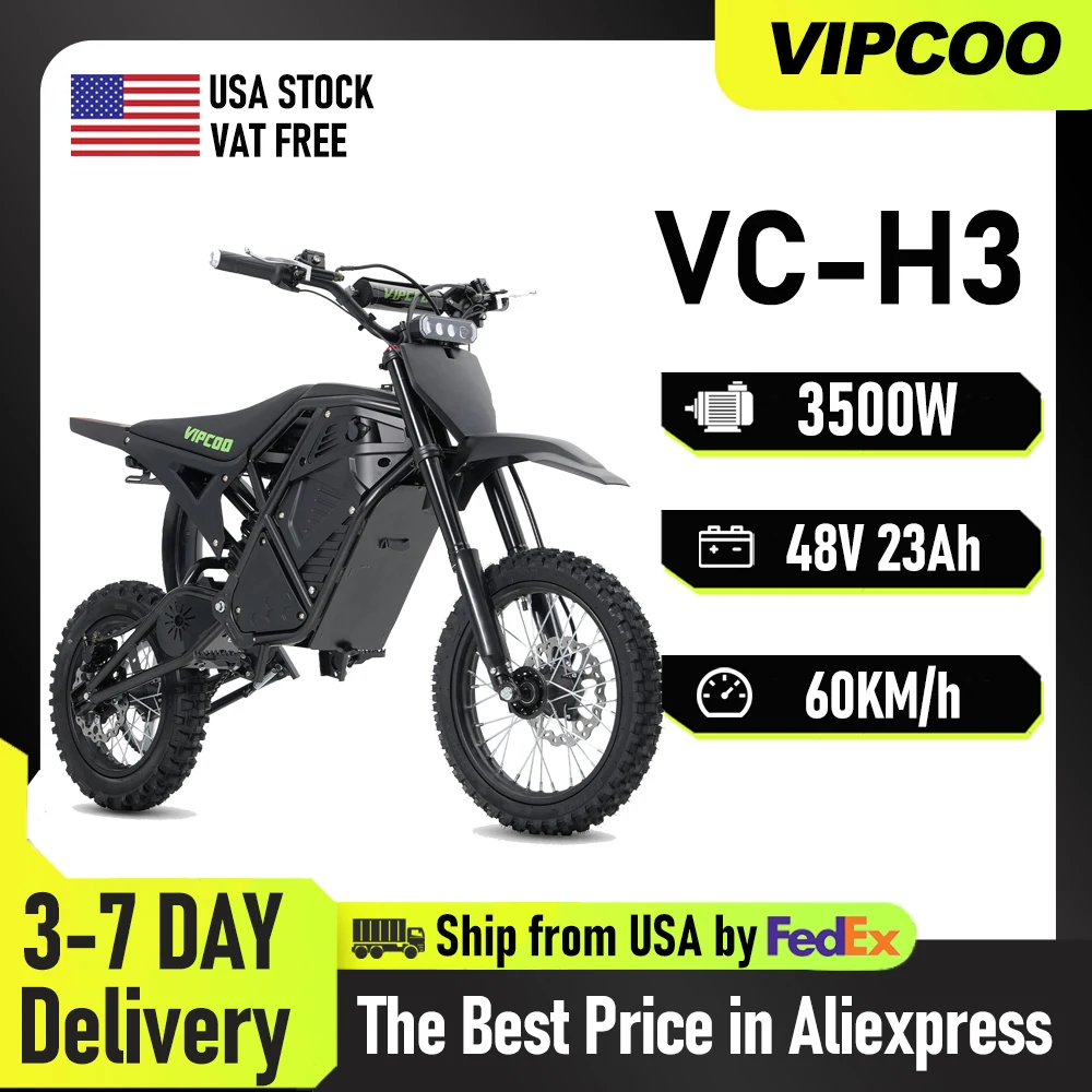 VIPCOO H3 Electric Dirt Bike 3500W 48V23AH Electric Motorcycle Fat Tire Nitrogen Suspension E Dirt Bike for Teens and Adult