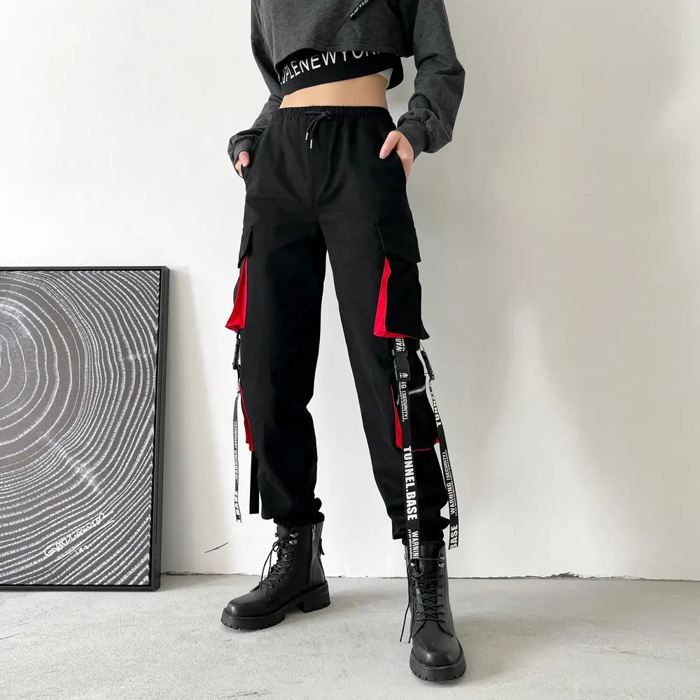 

2023 Spring Harem Casual Women's Pants Streetwear Cotton Ribbons Elastic Waist Joggers Ankle Length Cargo Pants For Girls