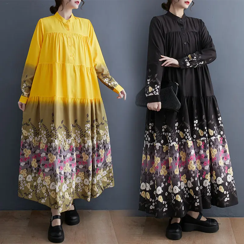 

Full Sleeve Large Size Women's Casual Dress 2023 Spring Autumn New Korean Version Loose Slim Print Spliced Long Shirt Dress Z225