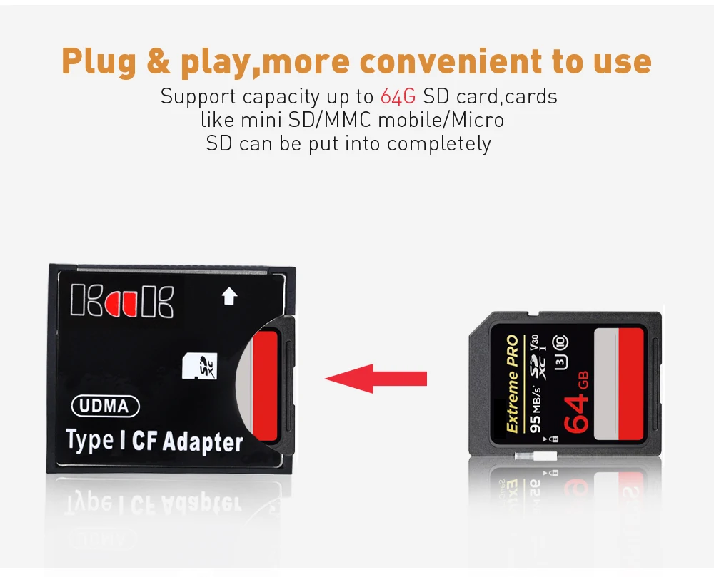 TISHRIC Neuer SD zu Typ I CF-Adapter SDHC SDXC MMC zu Standard Compact Flash Typ I Speicherkartenkonverter Kartenleser für Kamera – Detail 5