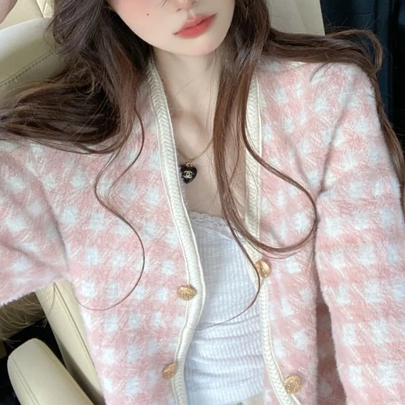 Plaid Small Fragrance Coat Female Short Little Woman Jackets 2024 Autumn Winter New Mink Velvet Trend Knitted Cardigan Outwear