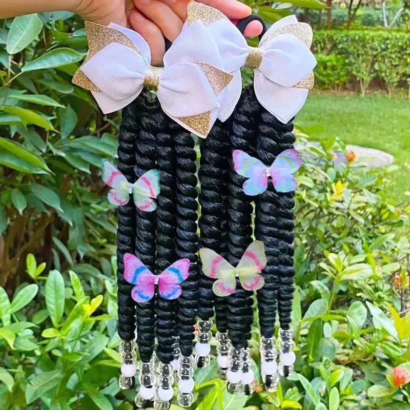 2 حزمة شعر 8 بوصة ذيل حصان مضفر للأطفال مع خرز وفيونكة مخصصة للأطفال ذيل حصان مضفر مع سرير خرز وفراشة