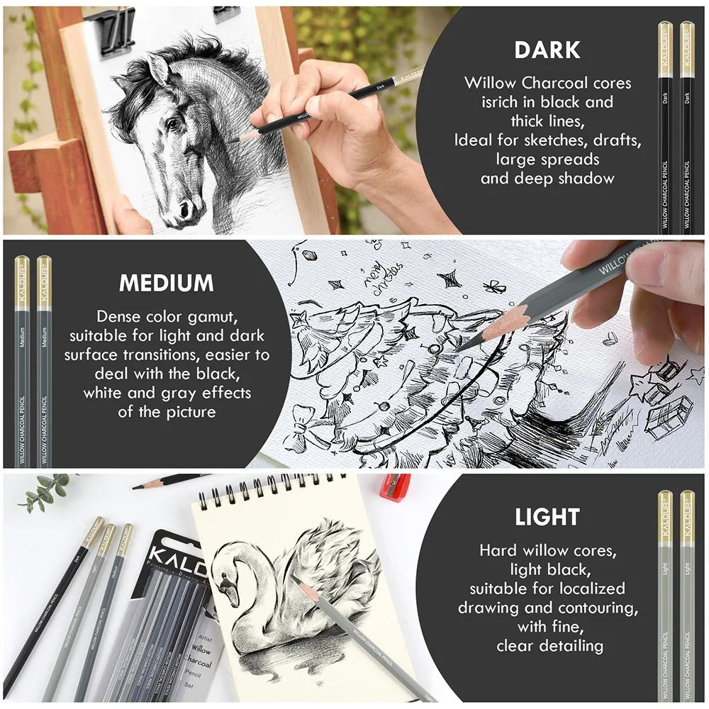 Kalour Pro Charcoal Pencil Set 6/12 Premium Artist Grade Eco-Friendly Wood Sketch Pencils, Drawing Blending Shading Art Students 4