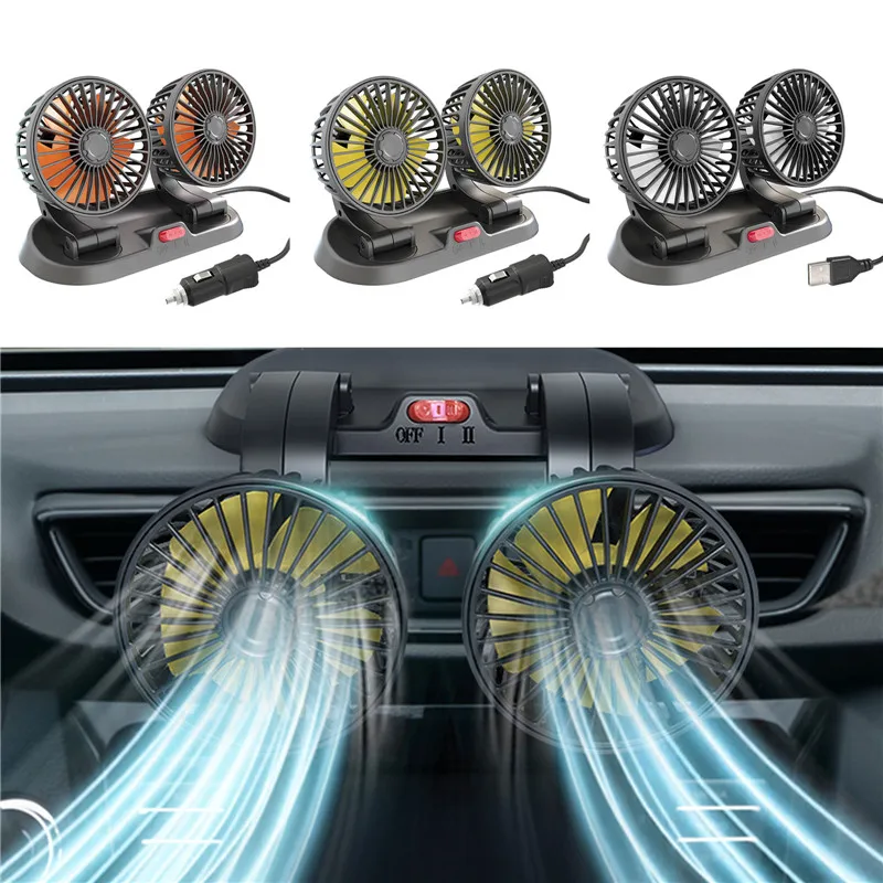 

USB/12V/24V Car Fan 360 Degree Rotatable 3 Speed Dual Head Car Cooling Air Circulator Fan for Van Suv Rv Boat Auto Vehicles