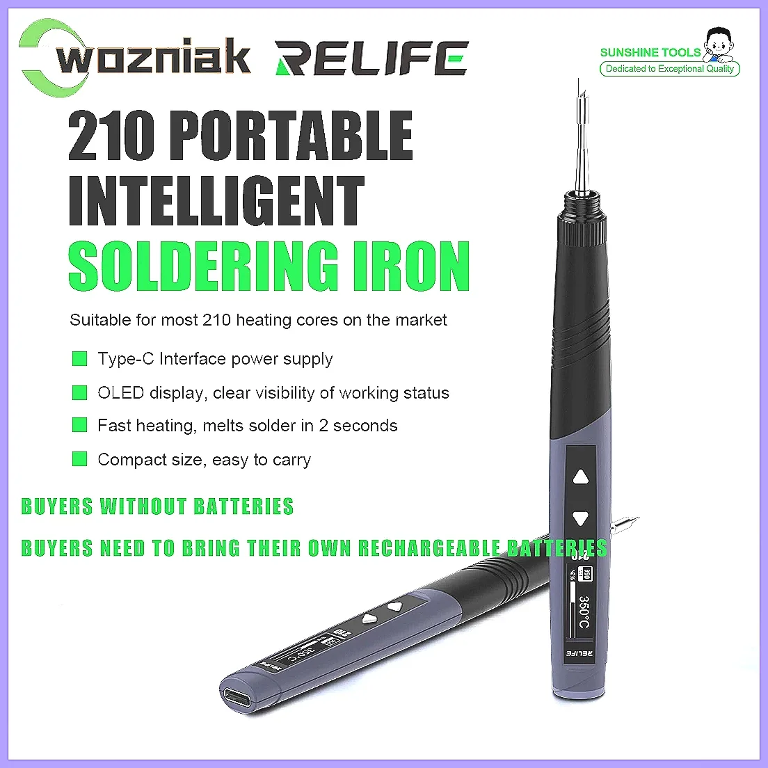RELIFE 210 60W 고속 가열 휴대용 납땜 인두, PCB 수리 및 DIY 프로젝트용 C210-K 팁
