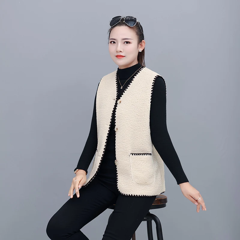

New Woman Lamb Jacket waistcoat Sleeveless Single-breasted V-neck vest warm winter waistcoat outwear
