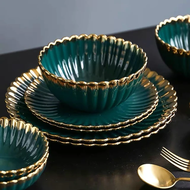  MALACASA Bone China Dinnerware Set, 16 Piece Plates and Bowls  Sets with Golden Rim, White Plate Set with Dinner Plate, Dessert Plate,  Soup Plate and Cereal Bowl, Dish Set for 4