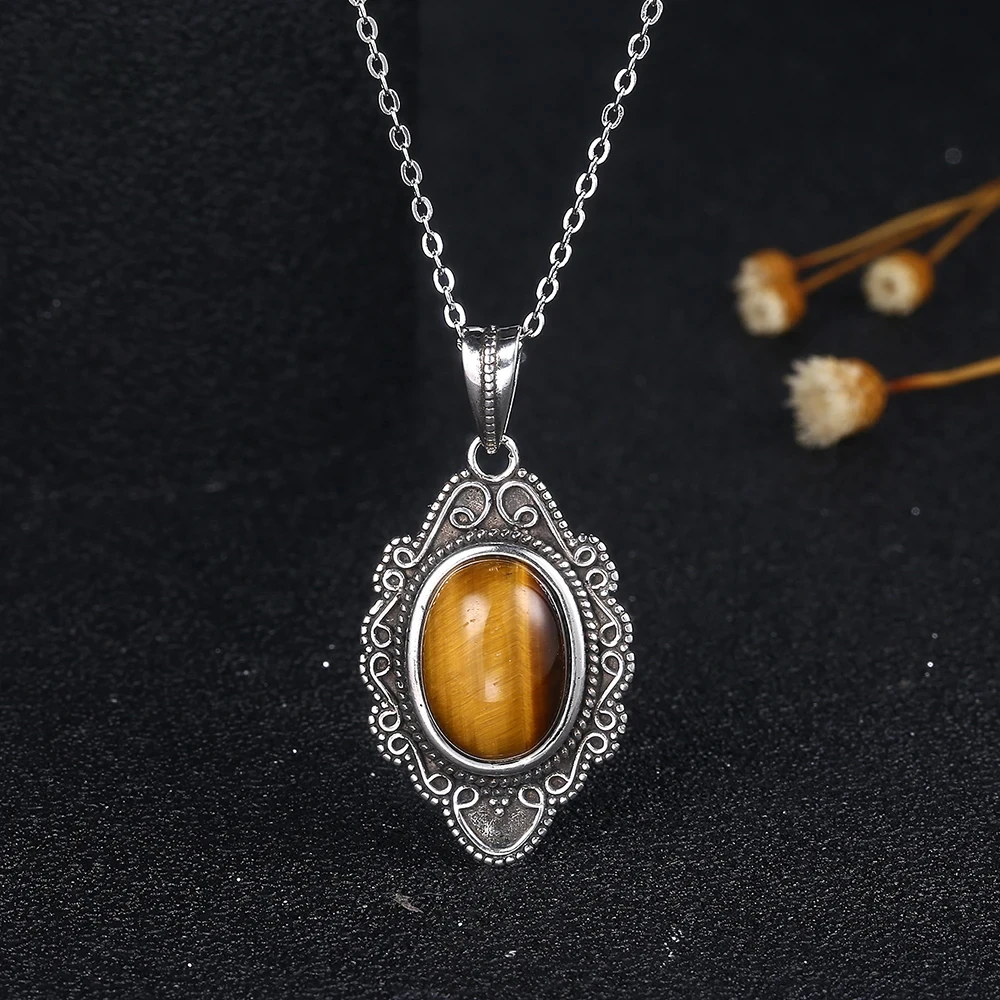 

Retro Natural Tiger Eye Necklace Pendant 925 Sterling Silver Rhodochrosite Jewelry for Women Party Valentine Day Gift with Chain