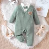 Spring And Autumn Boys And Girls  Polo Neck Long Sleeve Bow Romper Open Button Pants Fashionable And Warm 1