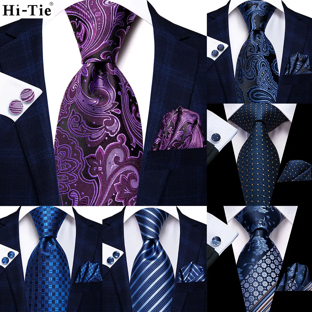 

Hi-Tie Purple Blue Floral 63inch Silk Mens Extra Long Ties for Men Woven Classic 160cm Men Necktie Pocket Square Set Cufflinks