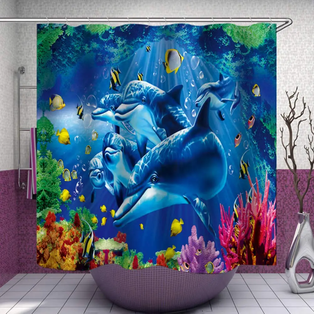 Shower Curtains Dolphin Shower Curtain, Blue Underwater World Marine Life, Polyester Fabric Kids Ocean Theme Bathroom Decor Set with 12 Hooks
