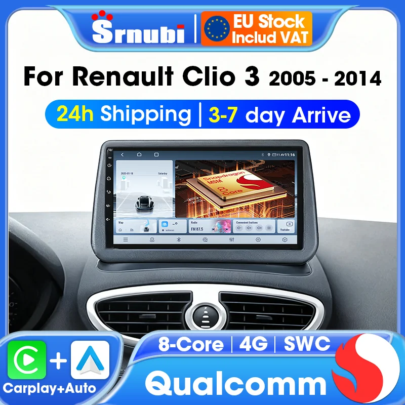 Autoradio für Renault Clio 3 2005 2006 2007–2014, Multimedia-Player, kabelloses CarPlay, Android, Auto-Stereo-Navigation, GPS-Kopfeinheit