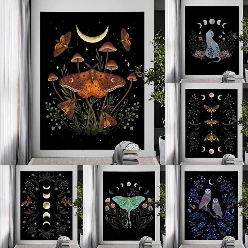 ColorfulFloralAnimalHangingTapestryCatButterflyWallCarpetMoon