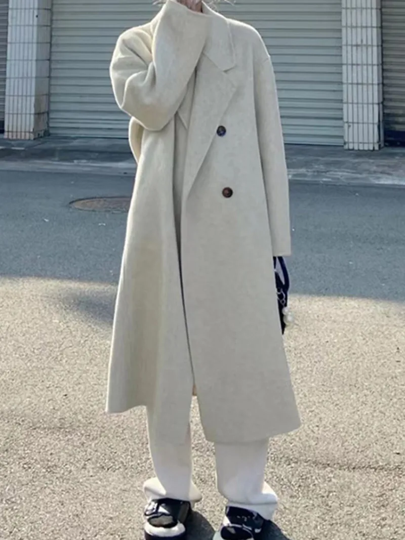 Wool Coat for Women 2023 New Fashion Elegant Women Coat Office Lady Turn Down Collar Double Breasted Loose Long Coat Women