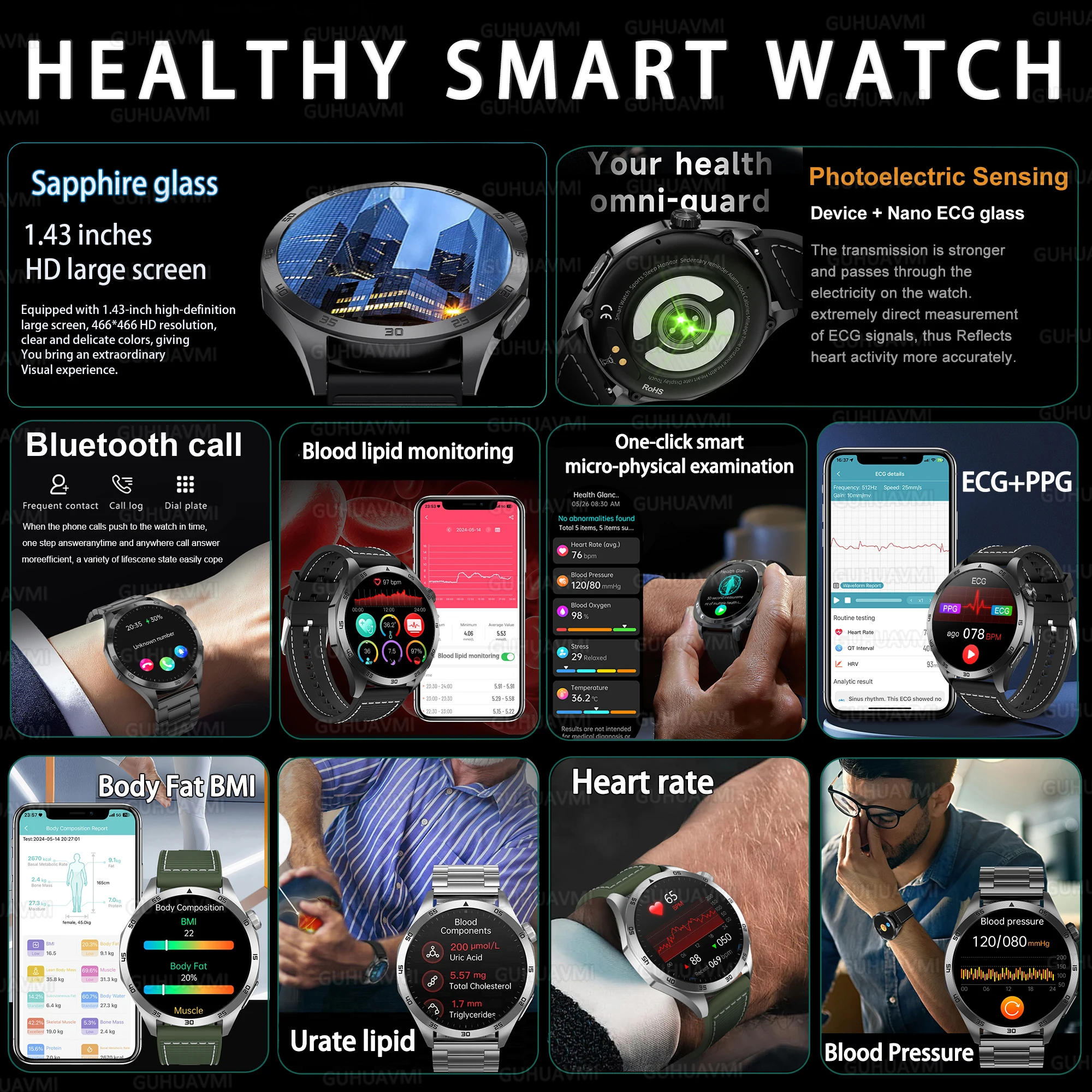 Micro Physical Examination Blood Lipids Uric Acid Blood Pressure Smart Watch ECG+PPG Clock Bluetooth Call Men 2025