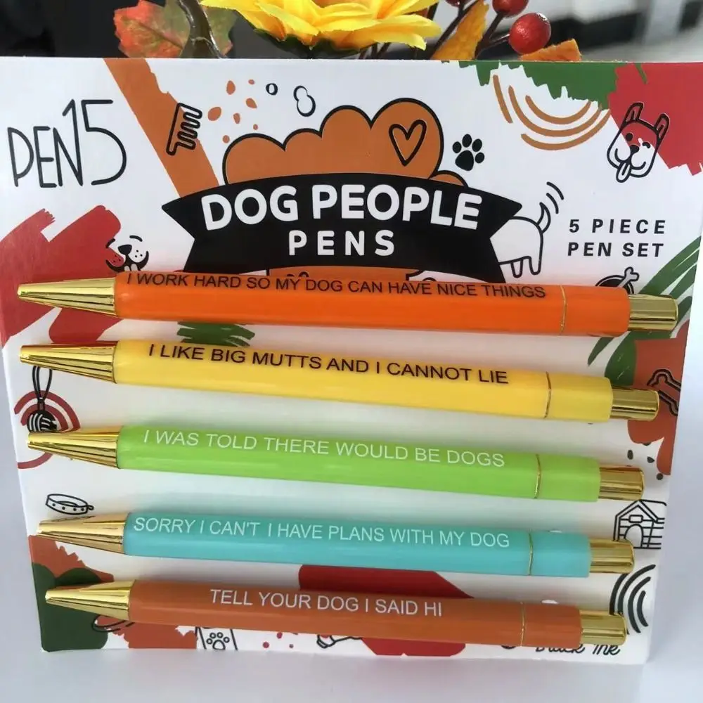 

5Pcs Plant Lovers Funny Pens Set New Dog People Office Gifts Black Ink Push Type Wine Lovers Ballpoint Pens