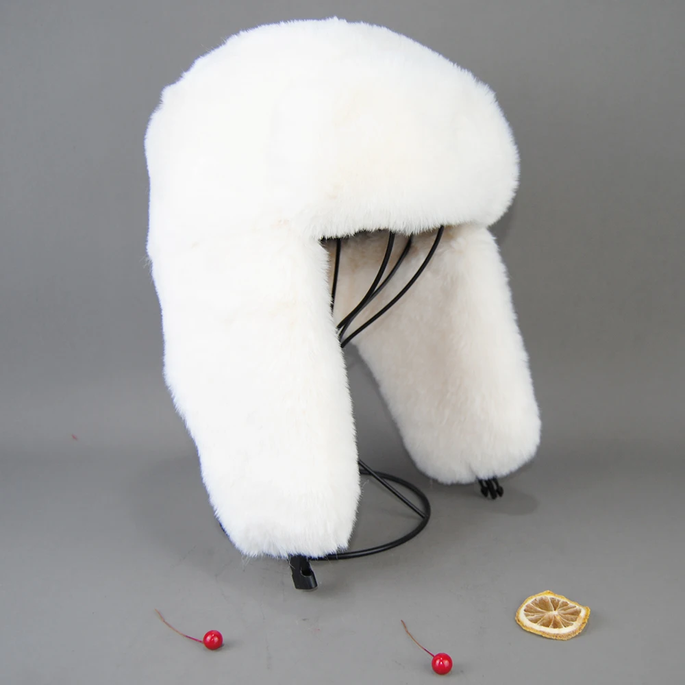 Winter Russian Man Woman White Skin False Rex Rabbit Fur Hats Luxury False Rex Rabbit Fur Cap Unisex Bomber Hat