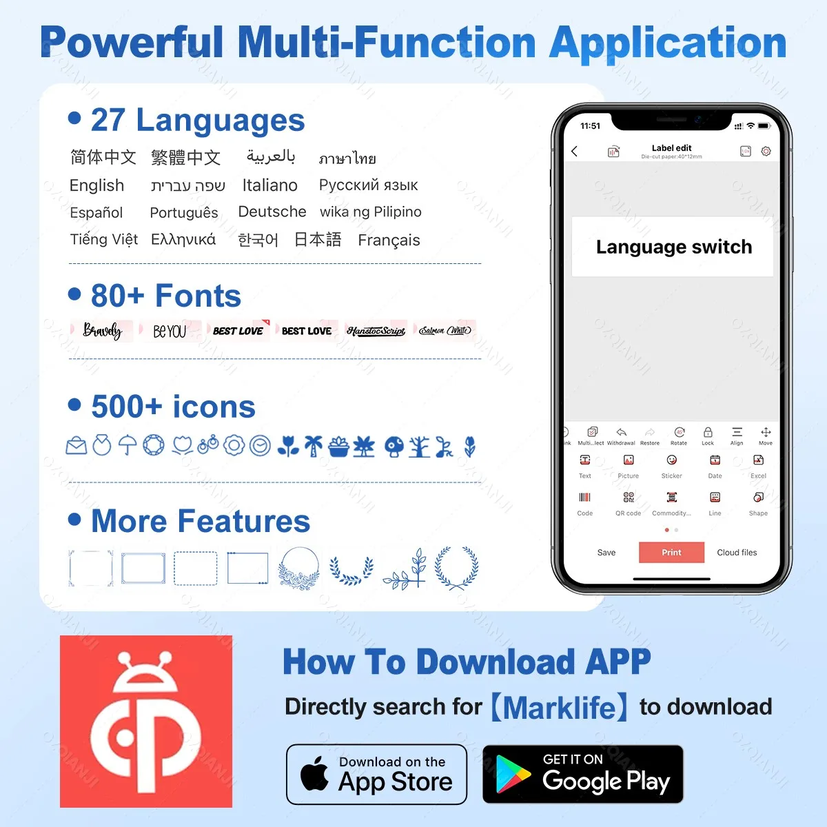 Marklife M1 Portable Thermal Printer Mini Adhesive Label Printer Inkless Bluetooth Printing Machine Sticker Labeling Machine