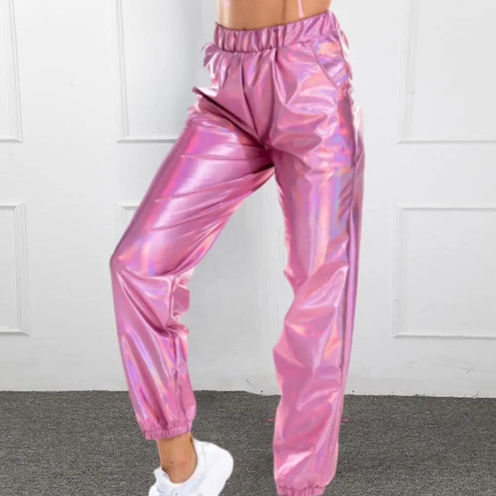 

Shiny Glossy Women Pants Shiny High Waist Clubwear Stage Performance Fancy Colors Pants Hip Hop Harem Pants Lady Party Trousers
