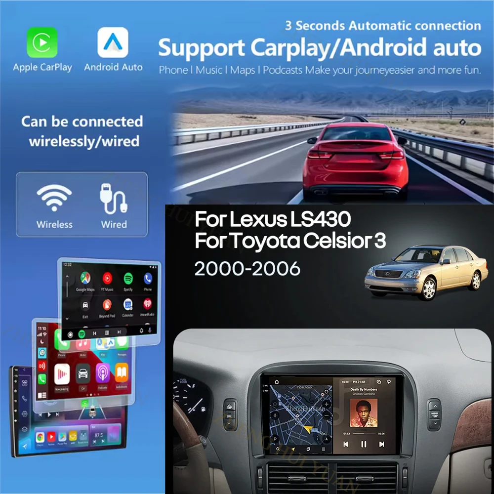 Radio de coche Android 16 con Carplay y Auto, reproductor multimedia estéreo con navegación GPS QLED para Lexus LS430 XF30 LS 430 2000 - 2006 para Toyota 5