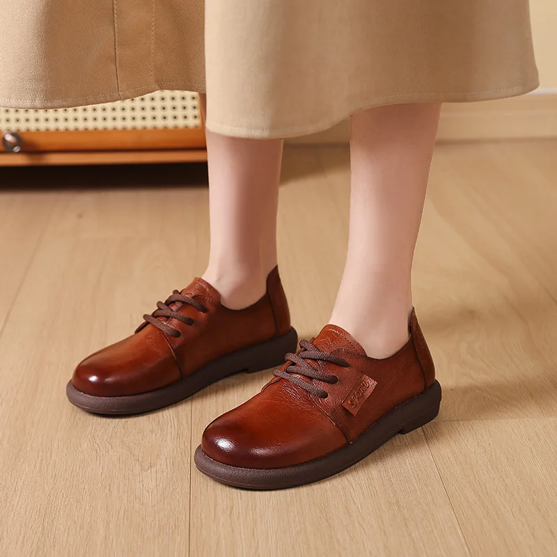 2026년 신상 천연 소가죽 플랫 여성 레이스업 옥스포드 슈즈 여성 봄 럭셔리 로퍼 여성 모카신 와이드 토 박스 슈즈
