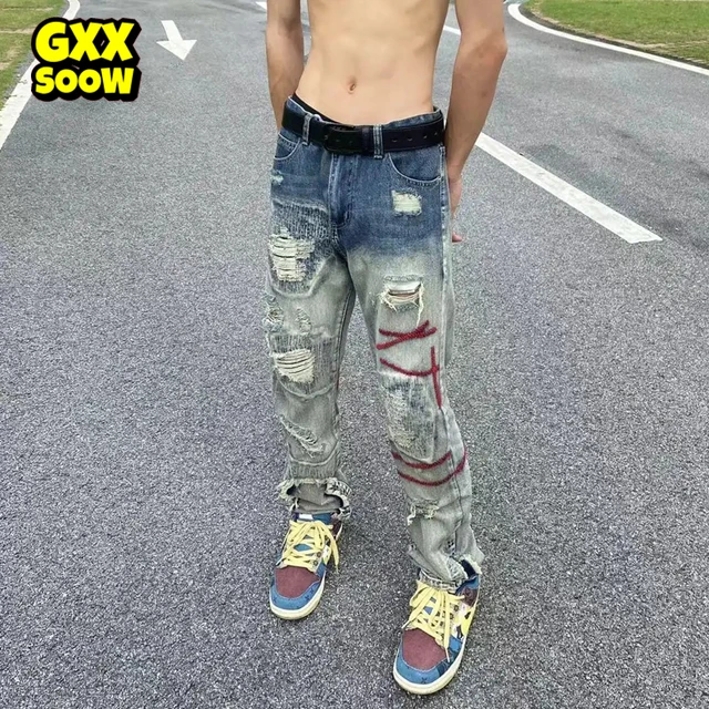 Pantalones vaqueros rasgados y rotos para hombre, ropa de calle estilo Hip para motorista, WP013, 2022 _ Mobile