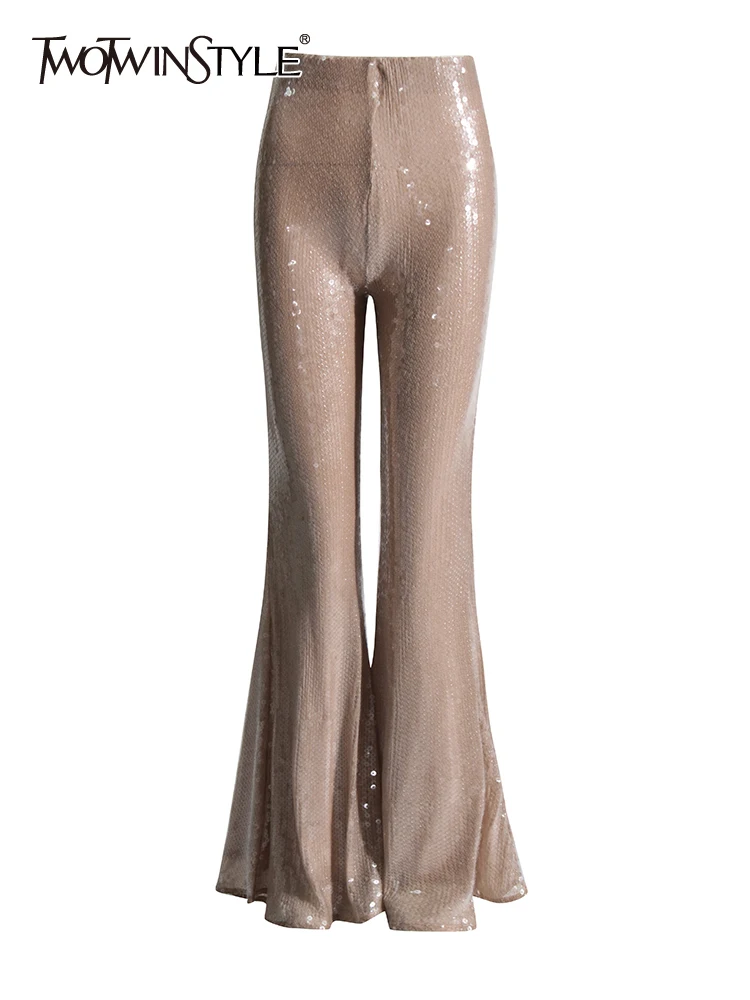 

TWOTWINSTYLE Patchwork Sequins Slimming Chic Pants For Women High Waist Temperament Casual Flare Pant Female Fashion Clothing