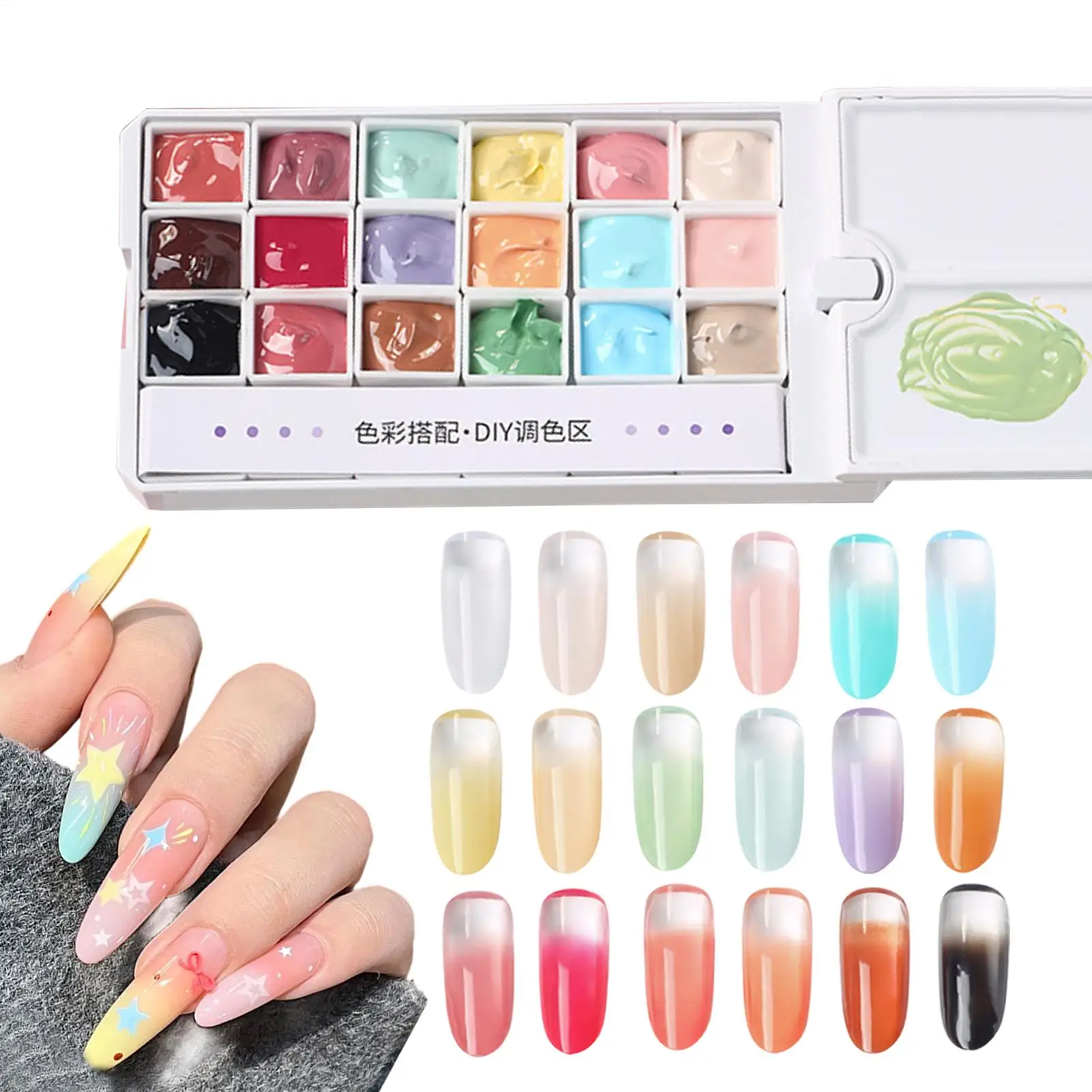 Palette di gel per unghie 18 colori, colla solida per lucidatura unghie, texture cremosa a lunga durata, applicazione fluida per nail art e saloni.